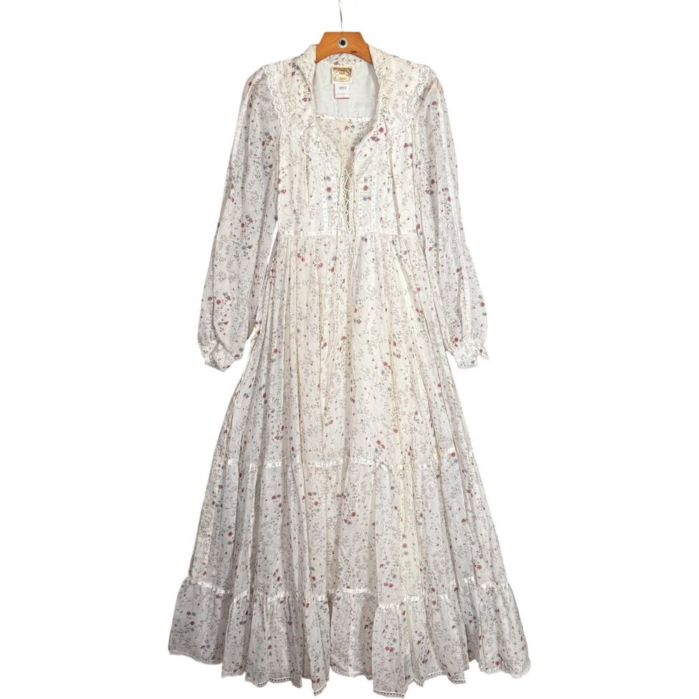 Vintage Gunne Sax White Floral Tiered Maxi Dress Prairie Ethereal Cottagecore S